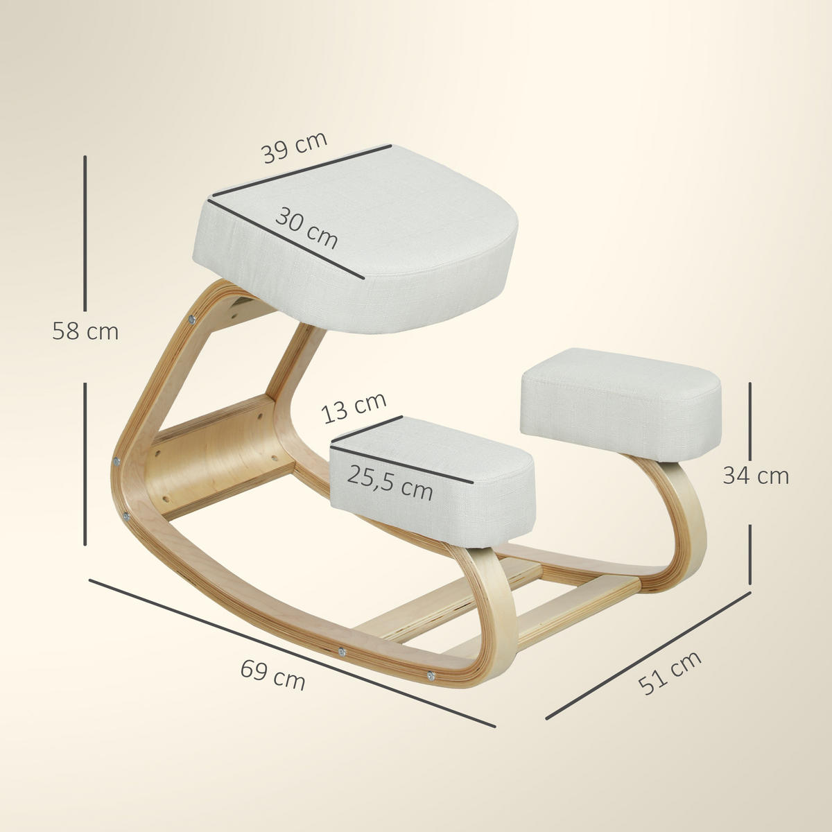 KNIESTUHL Birke Polyester Cremeweiß - Creme, Holz (51/58/69cm) - Vinsetto