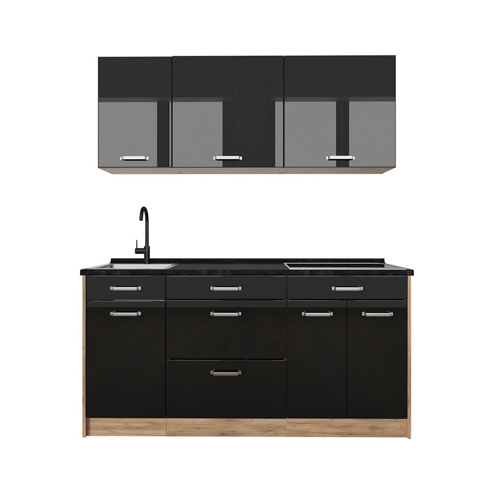 Vicco Singleküche Schwarz Hochglanz, Honigeiche 160x81.6x60 cm