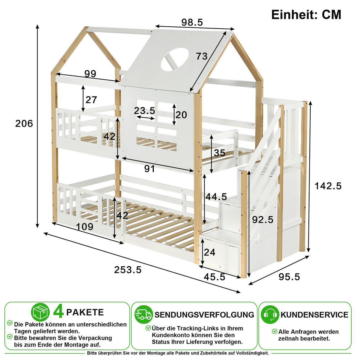ETAGENBETT 90/200 cm & 90/200 cm in Weiß & Natur mit Aufbewahrungstreppe und Hausdesign - Weiß/Naturfarben, Holz/Holzwerkstoff (90/200cm) - CHICFURN