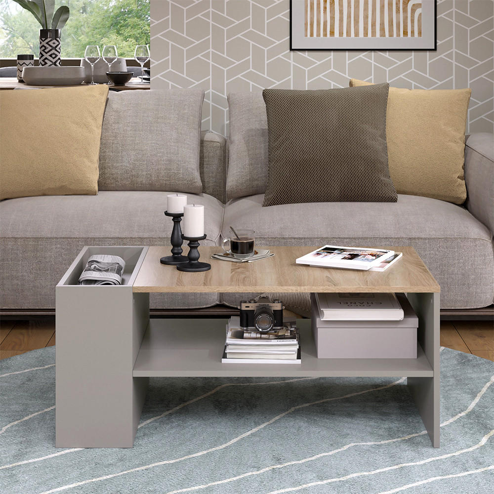 COUCHTISCH Wido Greige 100 x 55 cm mit Regalen - Greige/Sonoma Eiche, Holzwerkstoff (55/100/42cm) - Vicco