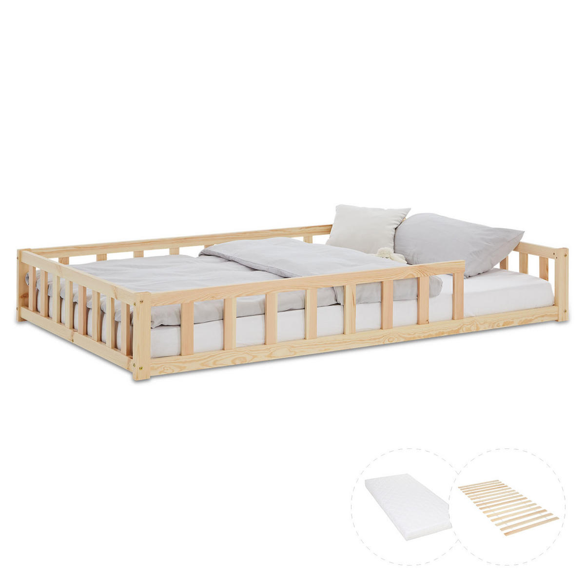 BODENBETT 120x200 cm Natur mit Lattenrost + Matratze - Naturfarben, Holz (90/200cm) - Homestyle4u