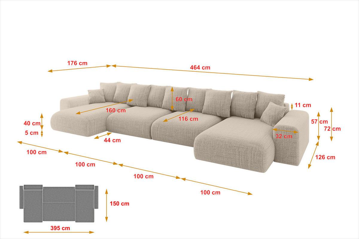 WOHNLANDSCHAFT mit Schlaffunktion ESKAR-U2-464x176x84cm Beige - Cappuccino, Holzwerkstoff/Kunststoff (176/72/464cm) - ALTDECOR