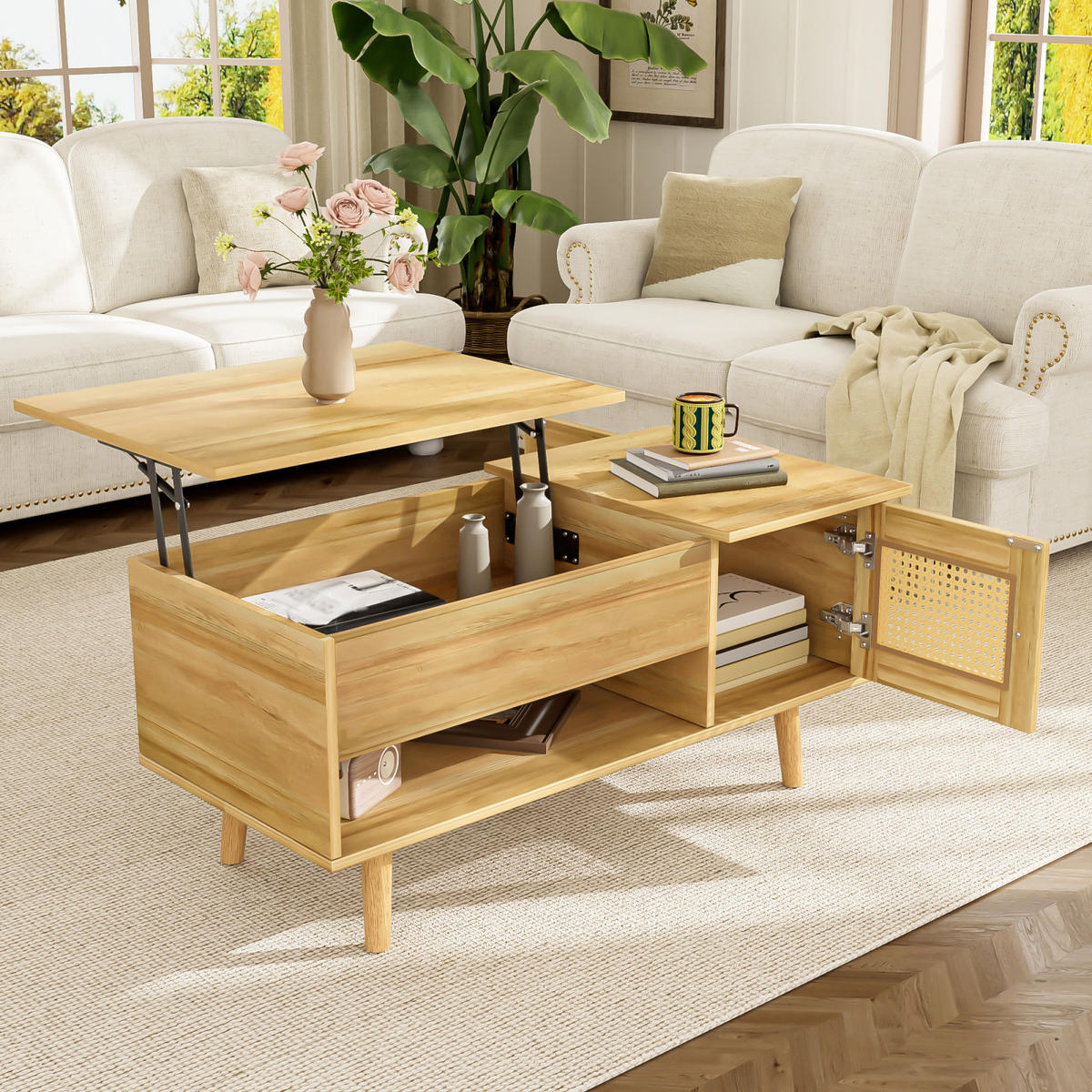 COUCHTISCH Holzoptik mit Hubplatte und verstecktem Stauraum - Cognac, Metall (103/50/46cm)
