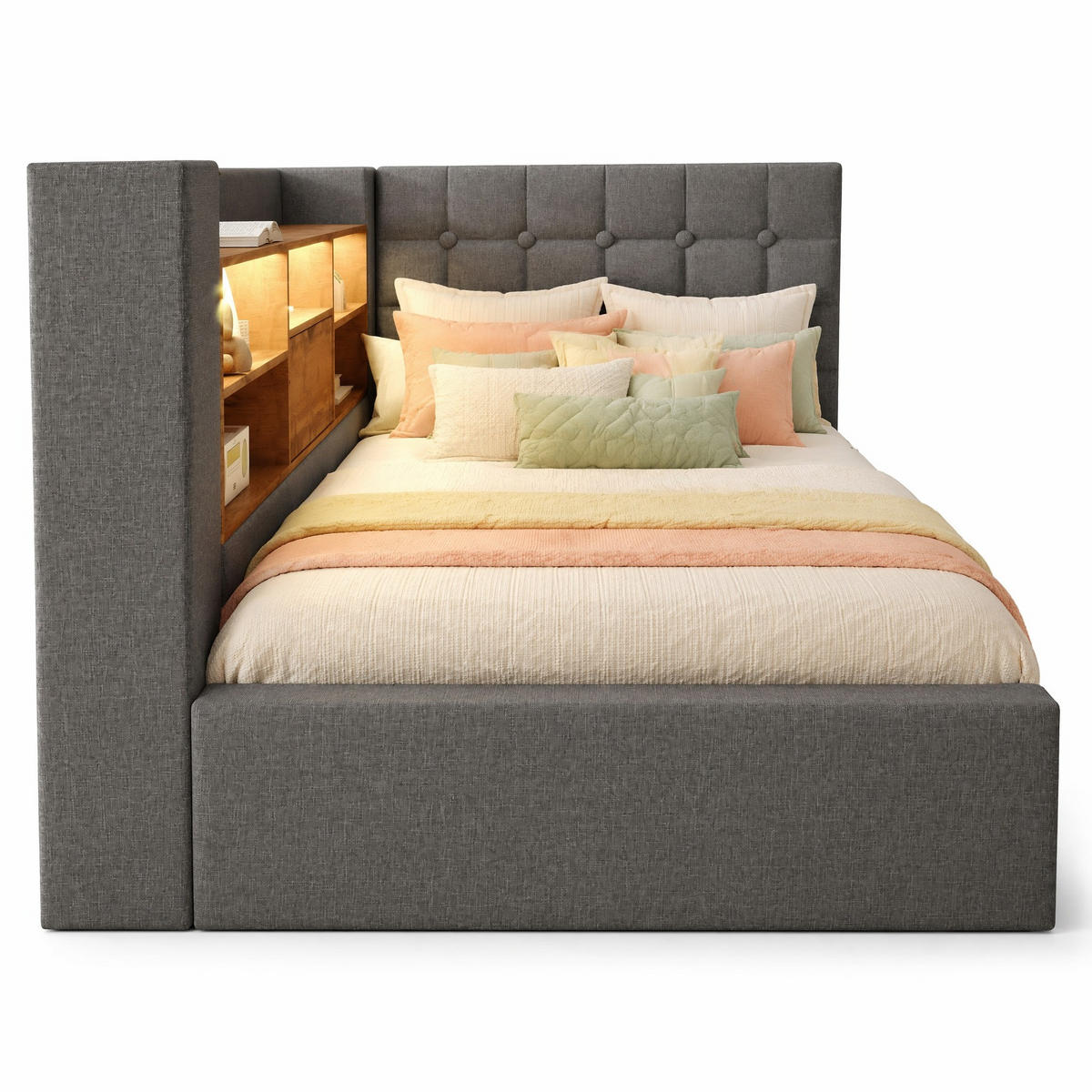 POLSTERBETT 90/200 cm in Grau Leinen mit Bettkasten, USB und Matratze - Grau, Holzwerkstoff/Textil (90/200cm) - CHICFURN