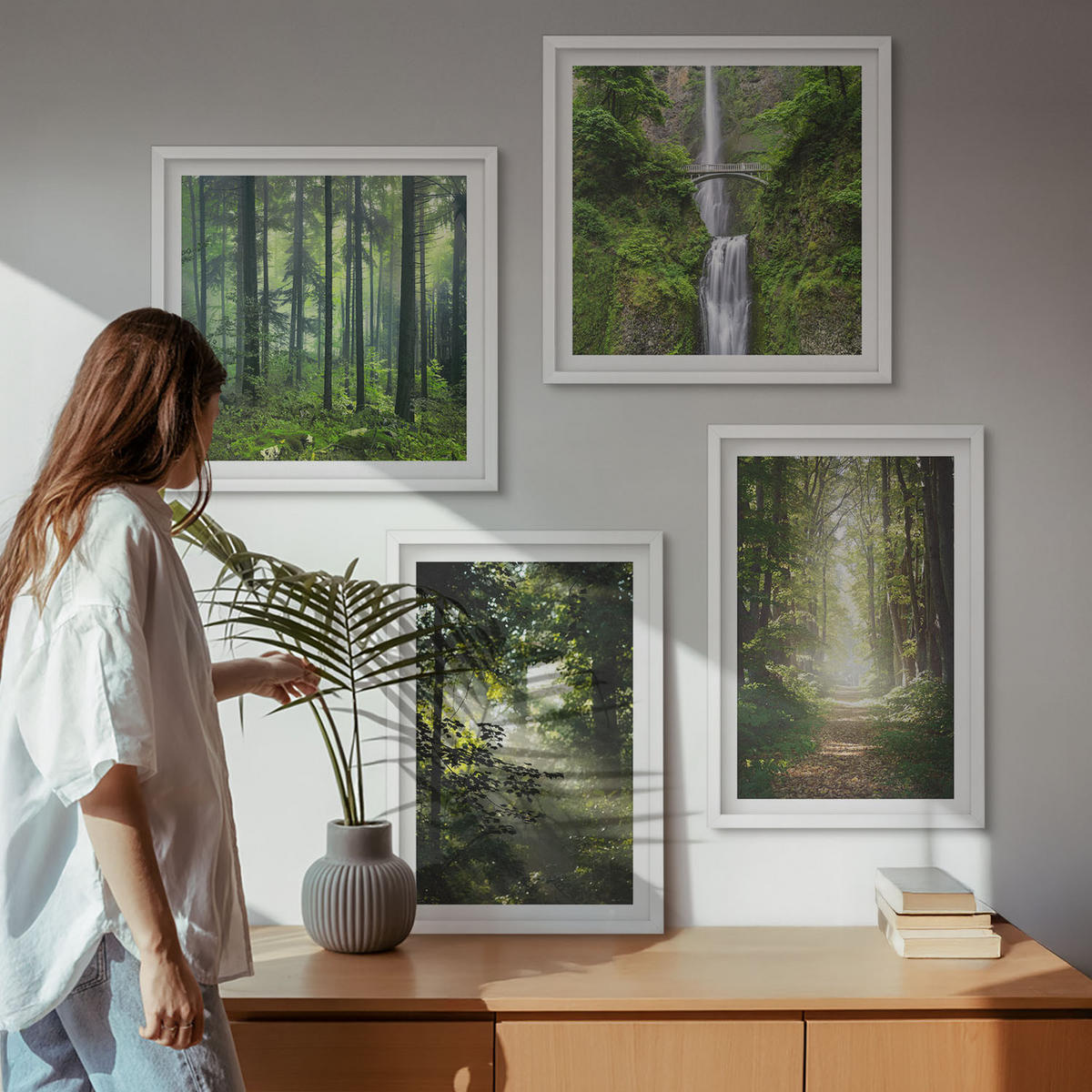 WANDBILDER 4er-Set - 50x50 cm & 40x60 cm Weißer Rahmen - Grüne Wälder, Lichtstrahlen - Weiß, Kunststoff (50/50cm) - ArtPrintCave