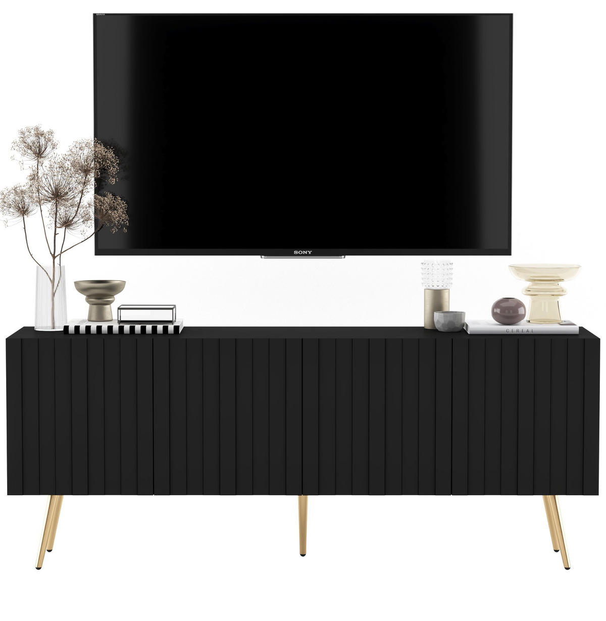 TV-SCHRANK Elpis Schwarz Matt mit goldenen Metallbeine Glamour 150 cm - Goldfarben/Schwarz, Holzwerkstoff/Metall (150/60.5/36.5cm) - Meble Lindner