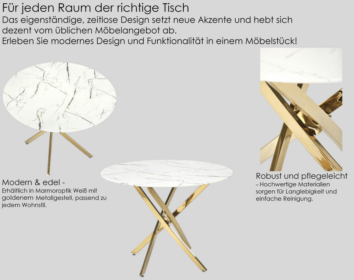 ESSTISCH Rund HAW-555 Marmor Weiß Gold Glas 100/75 cm - Goldfarben/Weiß, Glas/Metall (100/100/75cm) - designimpex