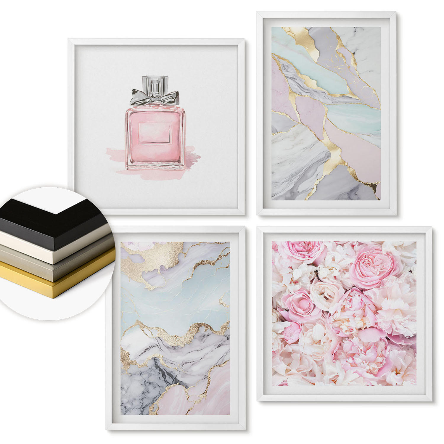 WANDBILDER 4er-Set - 50x50 cm & 40x60 cm Weißer Rahmen - Rosa Blumen Marmor Pastell - Weiß, Kunststoff (50/50cm) - ArtPrintCave