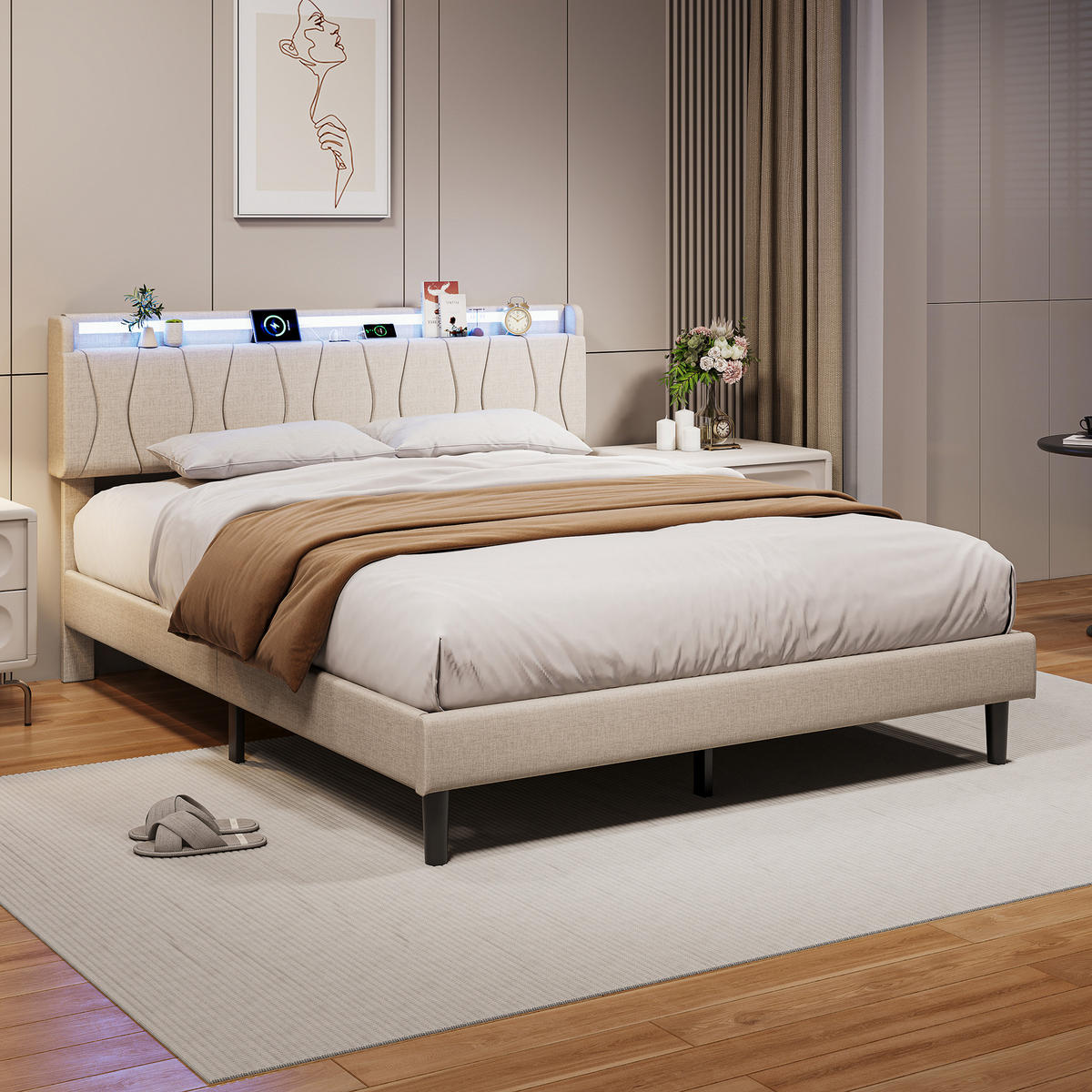 DOPPELBETT 160x200 mit lattenrost, polsterbett mit USB und LED, leinenstoff, beige - Beige, Holz/Metall (160/200cm) - GENKI LIVING