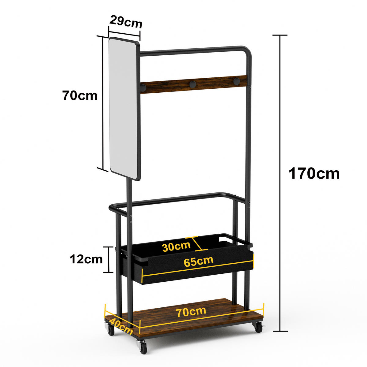 STANDGARDEROBE 70/40/170 cm mit Spiegel, Kleiderstange und Rollen - Schwarz, Holzwerkstoff (70/170/40cm) - BEAOK