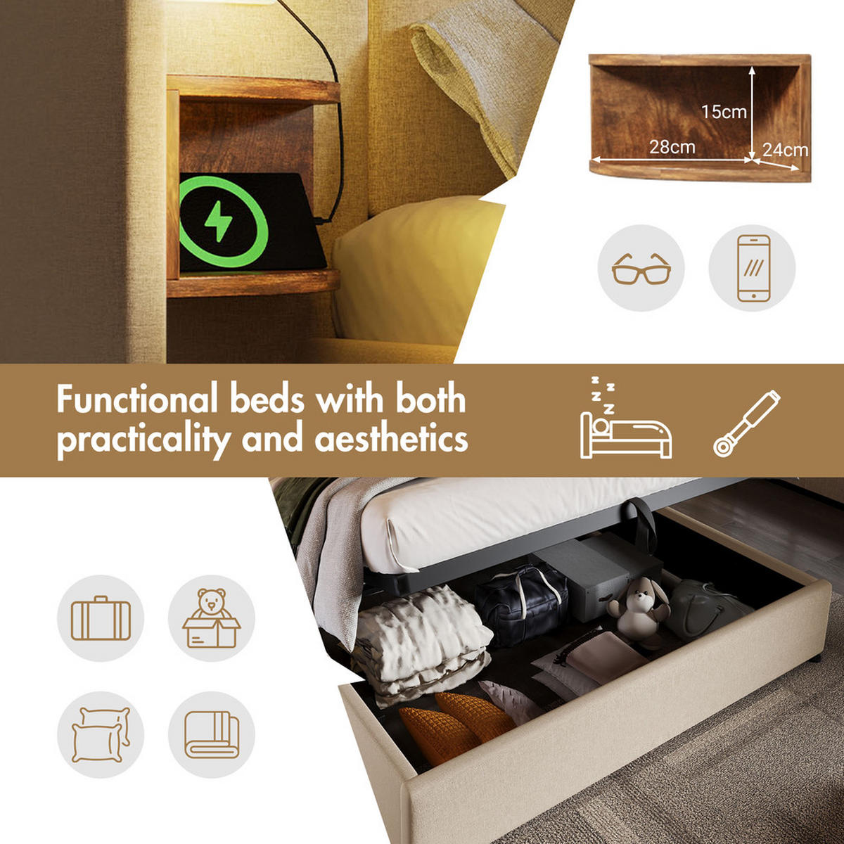 POLSTERBETT 180x200cm Doppelbett mit Nachttisch Leselampe & USB-C Beige - Beige, Holz (180/200cm) - FLIEKS