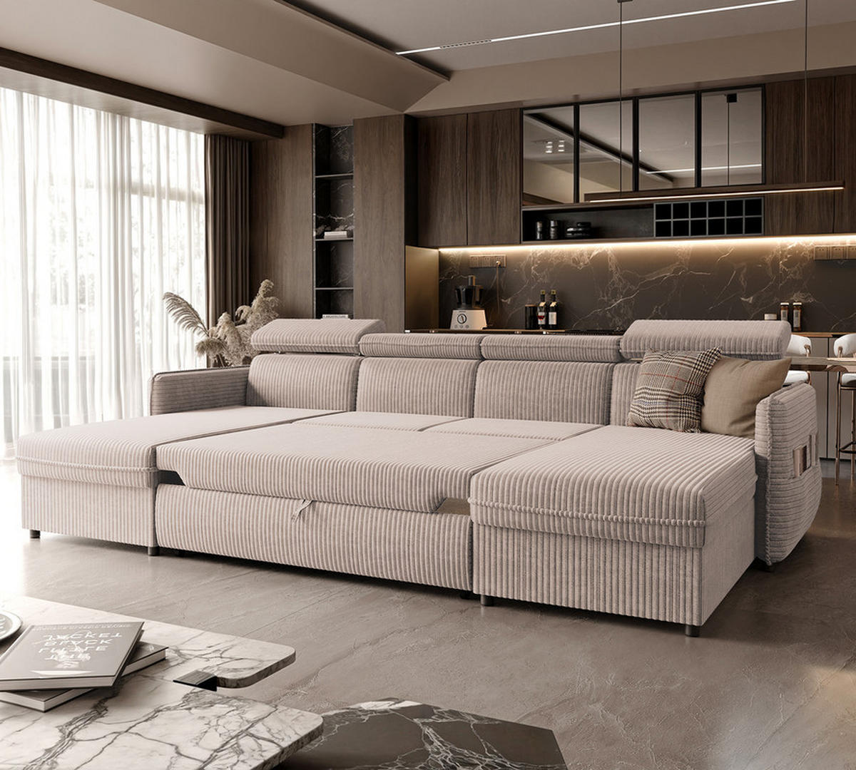 WOHNLANDSCHAFT BENI mit Schlaffunktion und Bettkasten Sandfarben - Sandfarben/Schwarz, Kunststoff/Textil (286/60/166cm) - Idohome