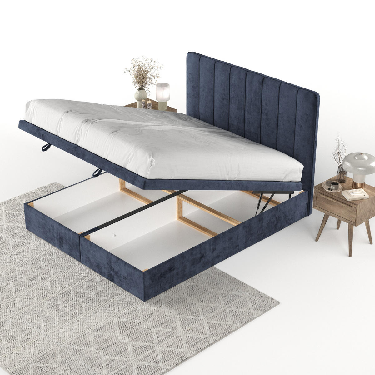 POLSTERBETT Vienna mit Stauraum 140/200 cm Marineblau im Lotta Stoff - Schwarz/Dunkelblau, Holz/Holzwerkstoff (140/200cm) - AltaBeds