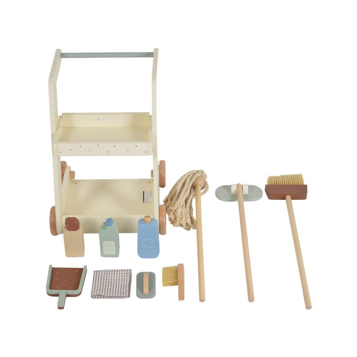 HAUSHALTSSPIELZEUG Spielzeug-Putzwagen W10D787 beige Holz, Besen, Mopp, Schwamm, Bürste, Räder, Rollenspiel, Putzen - Beige, Holz (43/69/34cm) - Moni