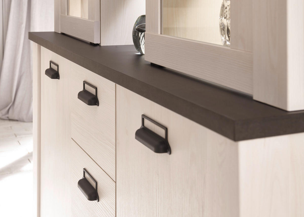 BUFFETSCHRANK weiß Pinie, anthrazit, Landhaus, Vitrinenschrank 133 x 201 cm - Anthrazit/Weiß, Holzwerkstoff/Metall (133/201/37cm) - Furn.Design