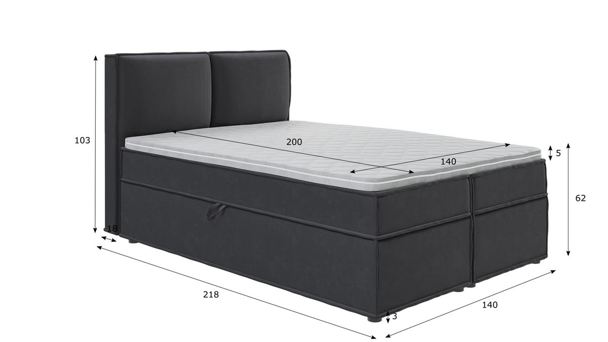 BOXBETT Eclipse 140/200 cm Graphit Luxusmicrofaser - Graphitfarben/Schwarz, Holz/Kunststoff (140/200cm) - S-Style Möbel