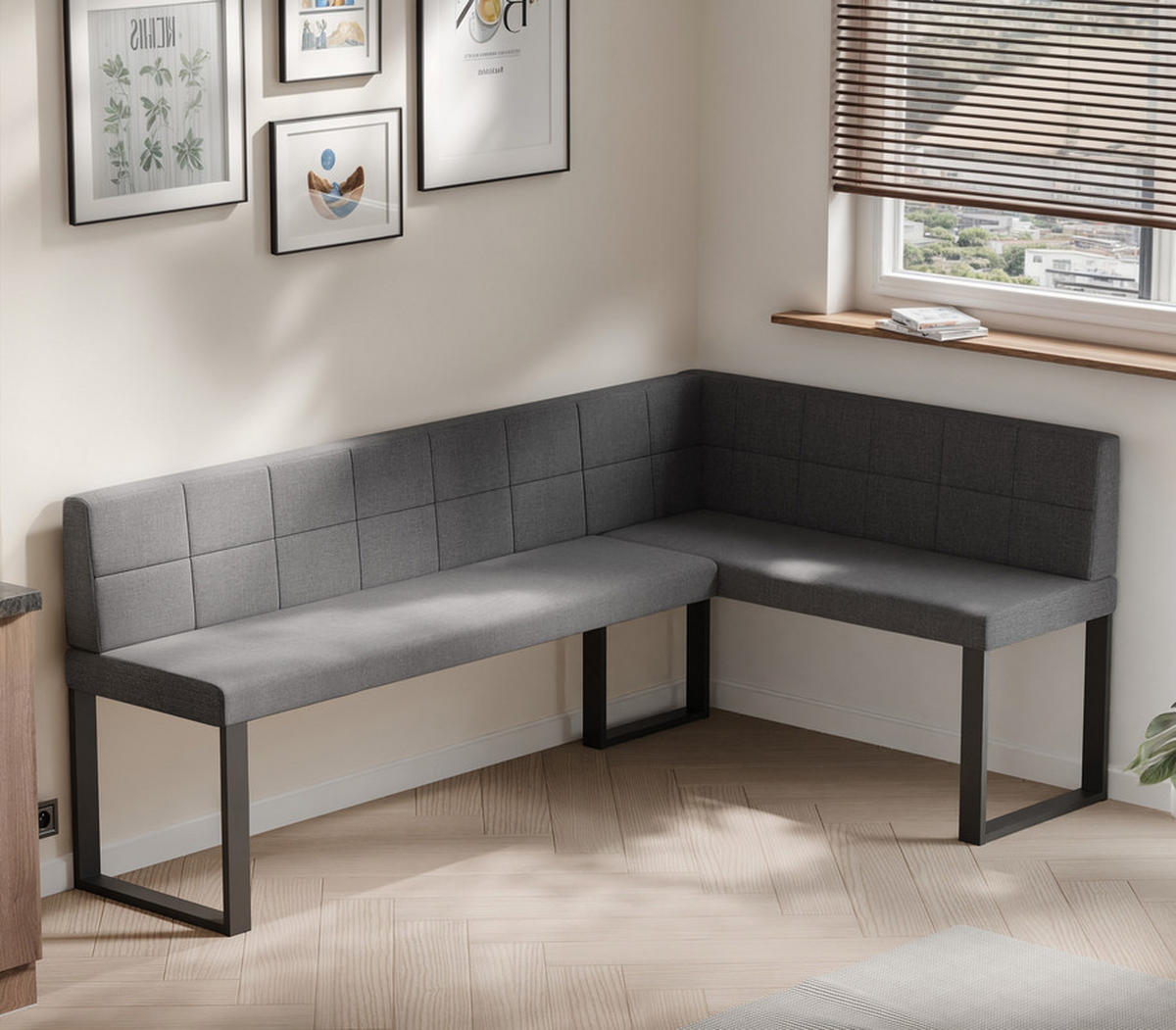 ECKBANK rechts SANA U Webstoff gesteppt, 168/128 cm Dunkelgrau - Dunkelgrau, Textil/Metall (128/168cm) - Idohome