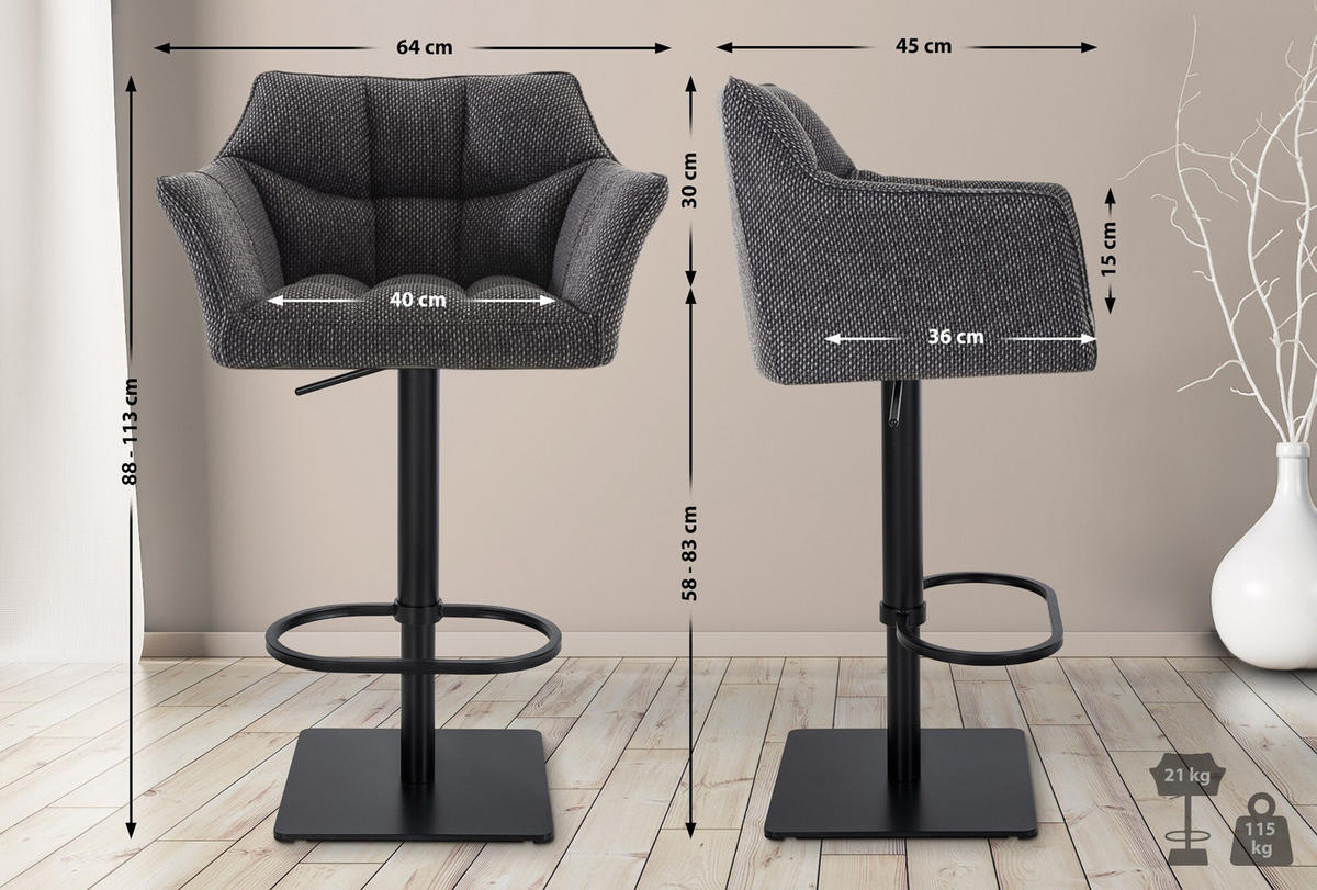 BARHOCKER 2er Set Damaskus Stoff schwarz titangrau - Anthrazit/Schwarz, Textil/Metall (64/110/48cm) - TPFLiving