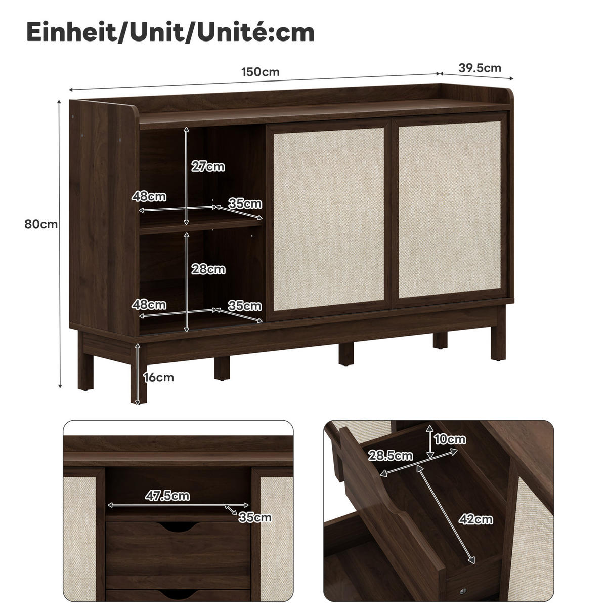 SIDEBOARD 150/39,5/80 cm mit 2 Schiebetüren & 2 Schubladen in Natur - Naturfarben, Holzwerkstoff (150/80/39.5cm) - BEAOK
