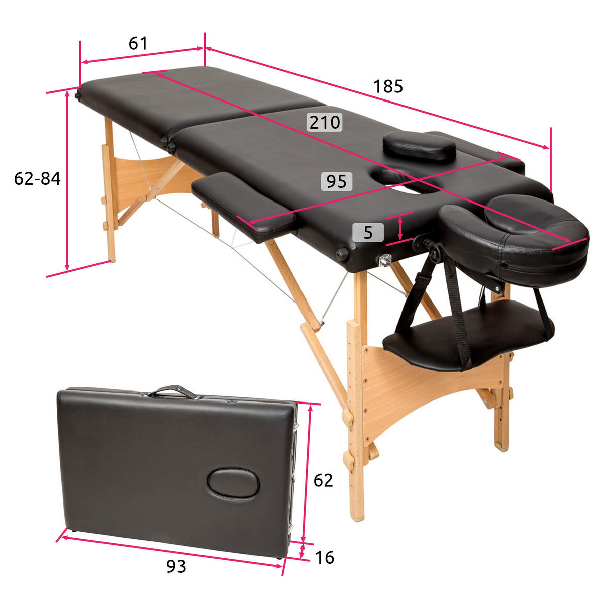 MASSAGELIEGE 2 Zonen Freddi,210 x 95 x 84 cm,schwarz - Schwarz, Holz (61/62/185cm) - tectake