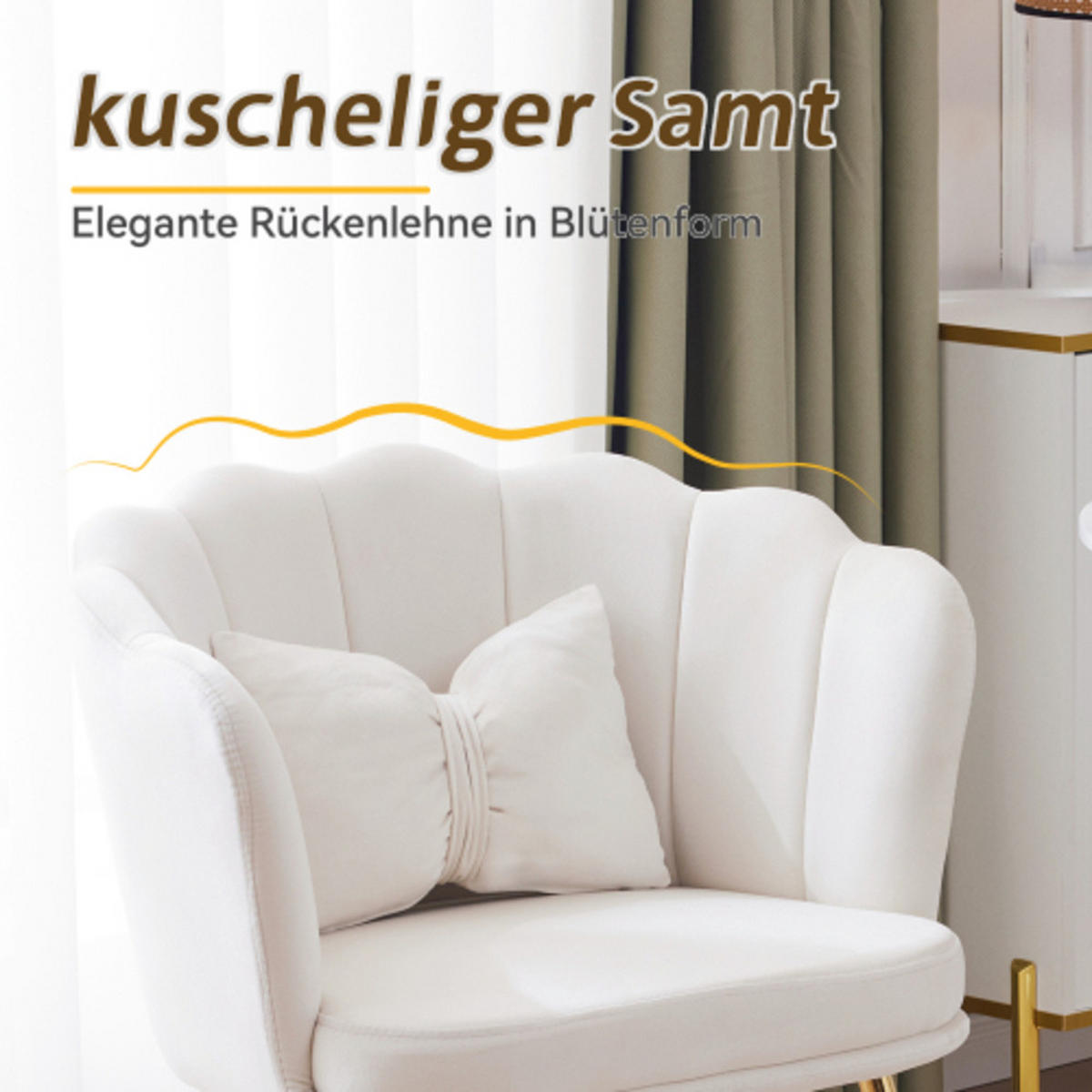 SESSEL aus Samt 63×58×77 mit vergoldete Beine, weiß - Weiß, Textil (58/77/63cm) - Luhomfu