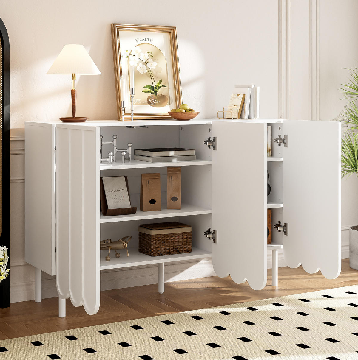 SIDEBOARD in Weiß, grifflos mit Wellentüren, MDF, verstellbare Regalböden, 120/35/80 cm, Weiß - Weiß, Holzwerkstoff (120/80/35cm) - Redom