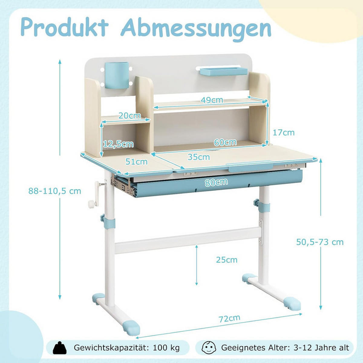 KINDERSCHREIBTISCH Höhenverstellbarer blau - Blau, Metall (80/88/51cm) - COSTWAY