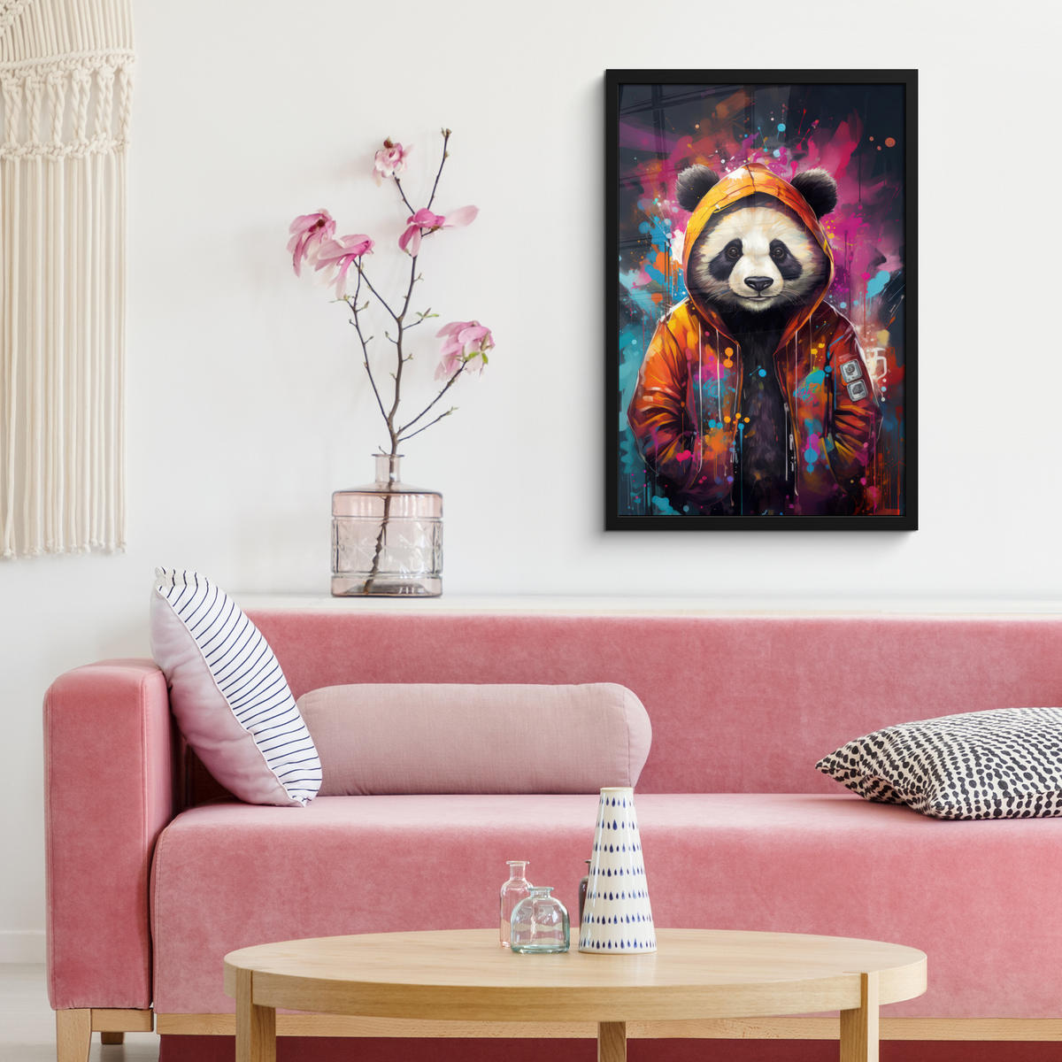 PLAKÁT V RÁMU Panda - Bunda - Graffiti - Oranžová 40x60 cm - pomerančová, papír (40/60cm) - MuchoWow