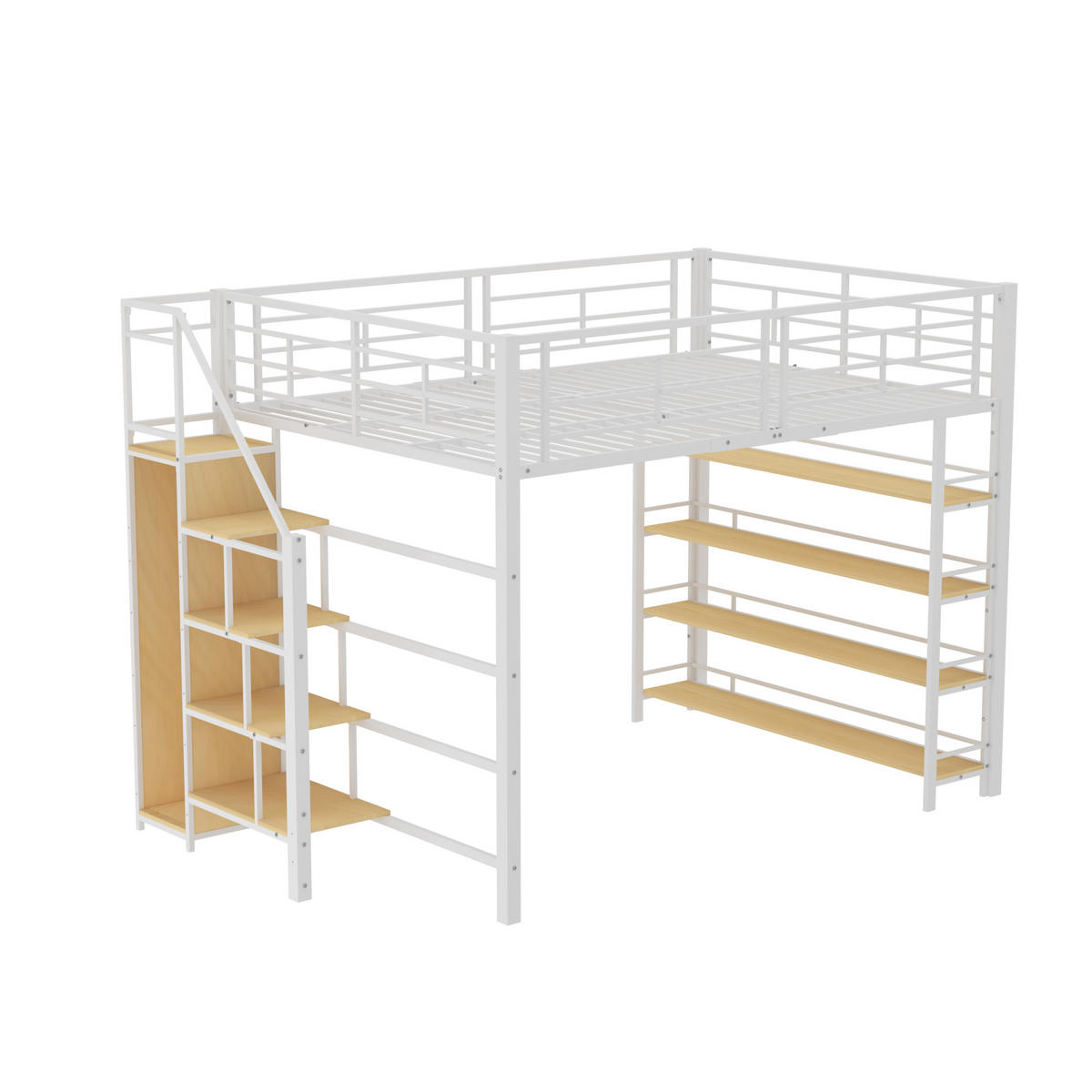 HOCHBETT 140/200 cm weiß mit Stauraumtreppe und hohem Zaun - Weiß, Metall (140/200cm) - OKWISH