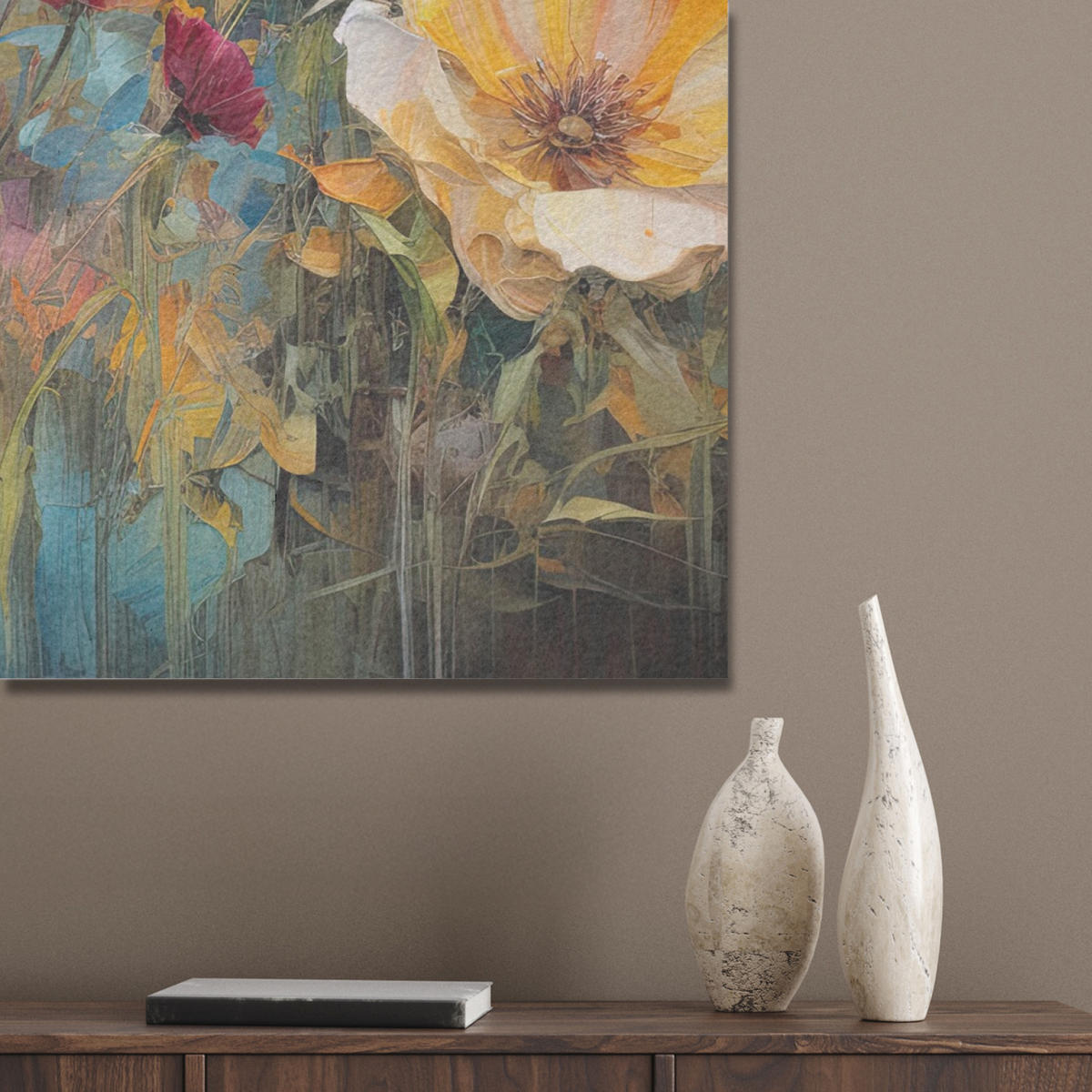 AKUSTIKPANEEL Blumen - Aquarell - Kunst - Botanisch - Natur 90x90 cm - Orange, Textil (90/0.9/90cm) - MuchoWow