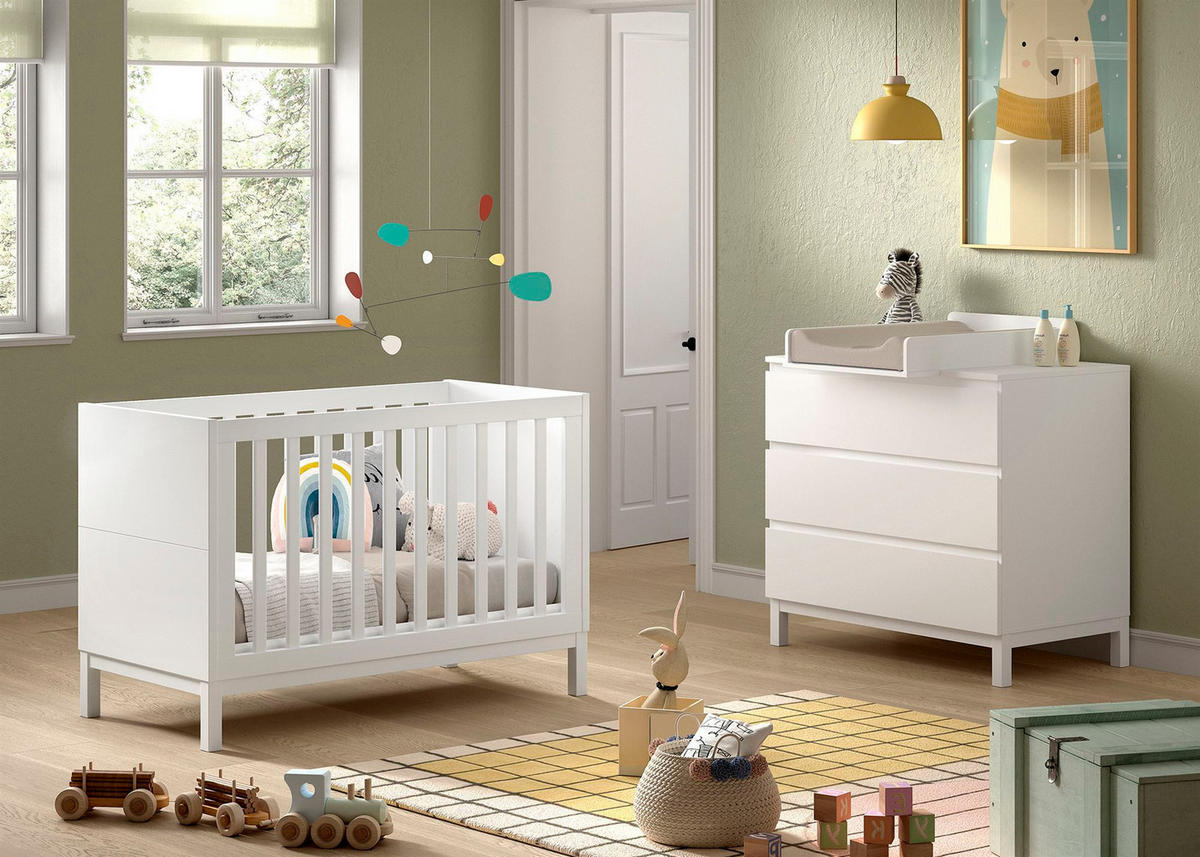 BABYZIMMER SET Keely Kiefer & MDF weiß mit Babybett und Wickelkommode - Weiß, Holz (66/85/125cm) - 58aufmkessel
