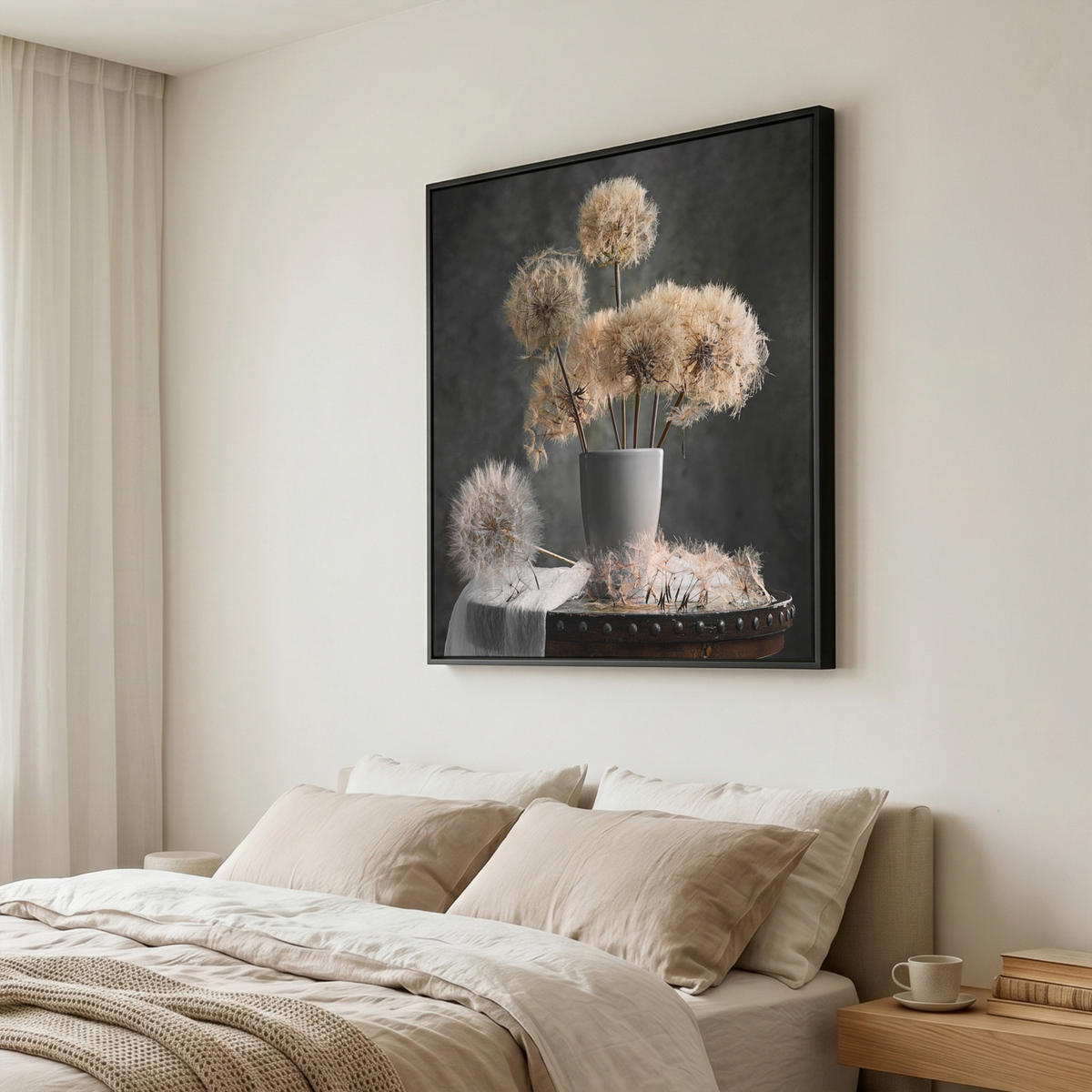 LEINWAND Bilder mit Rahmen - Blumensamen - Löwenzahn - Vase - Stilleben - Blumenstrauß - 90x90 - Dunkelgrau, Textil (90/90cm) - MuchoWow