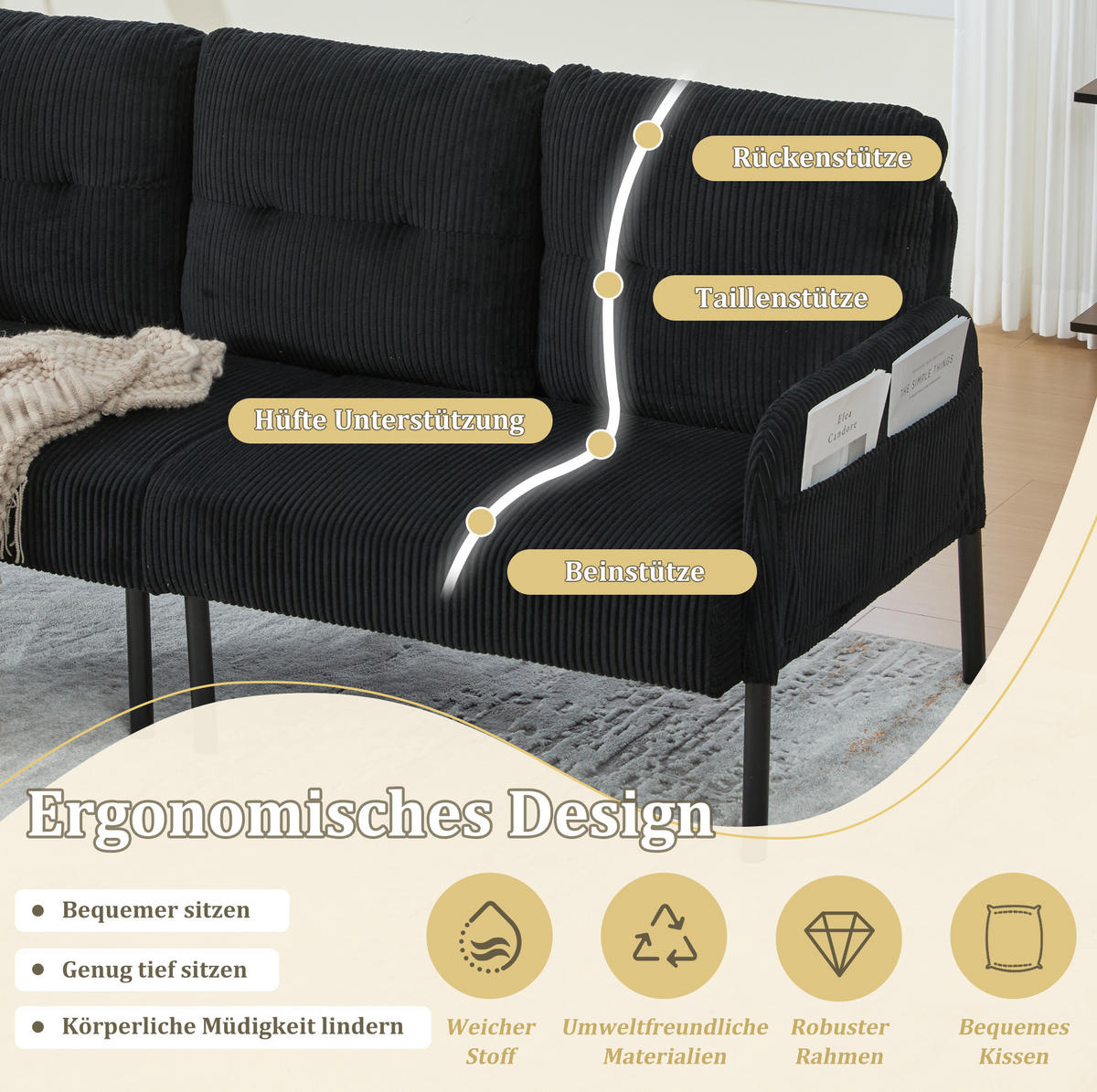 3-SITZER-SOFA 171/72/80 cm aus Cord mit Seitentasche Schwarz - Schwarz, Textil (72/80/171cm) - Modenvie