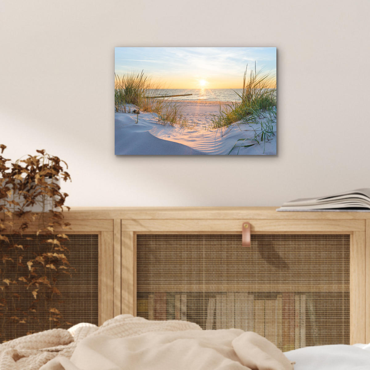 KOVOVÝ OBRAZ Pláž - Slnko - Duny - Tráva - Piesok - Horizont 30x20 cm - svetlomodrá, kov (30/20cm) - MuchoWow