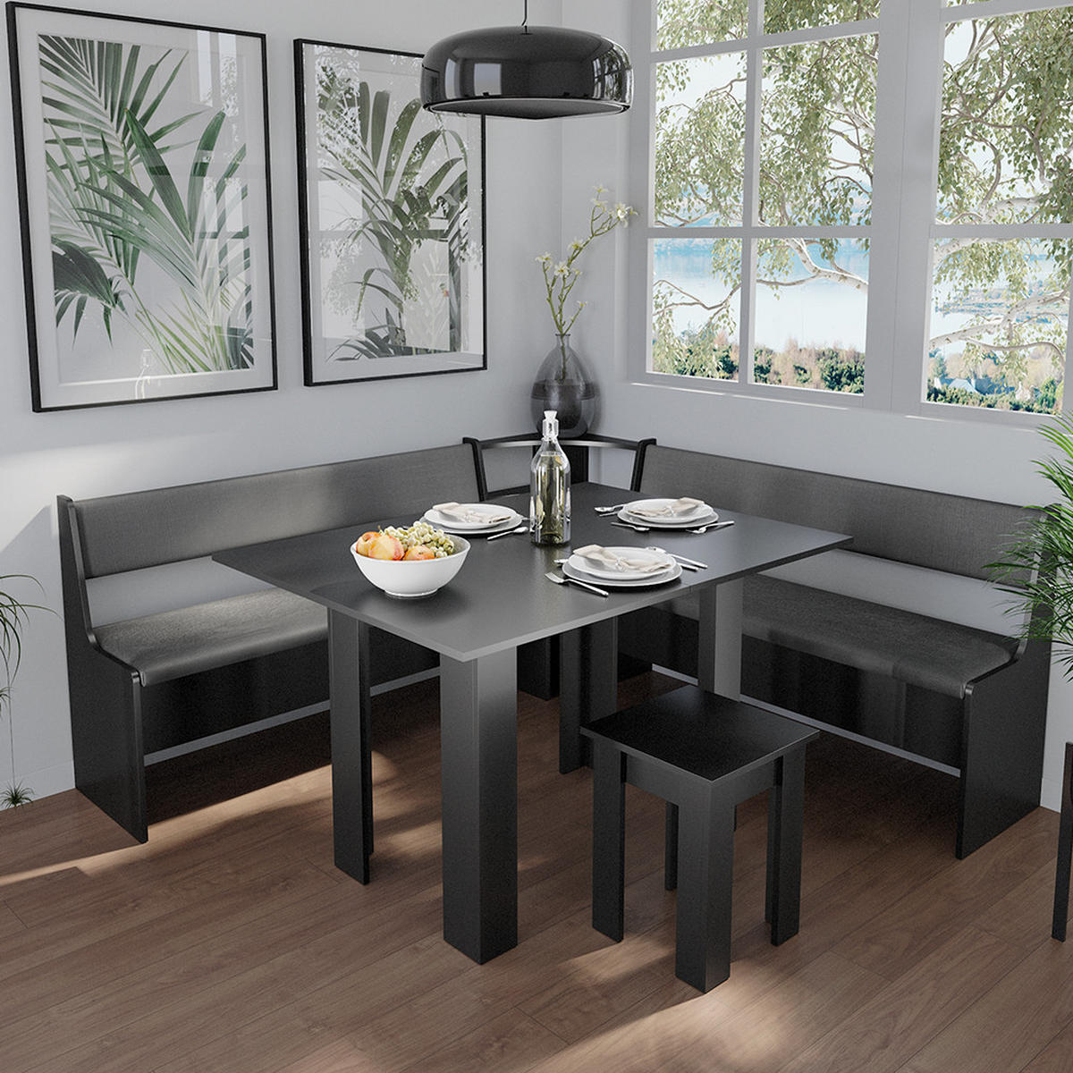 ECKBANKGRUPPE Roman Schwarz 180 x 41.5 cm mit Tisch - Schwarz/Grau, Holzwerkstoff (180/80/180cm) - Vicco