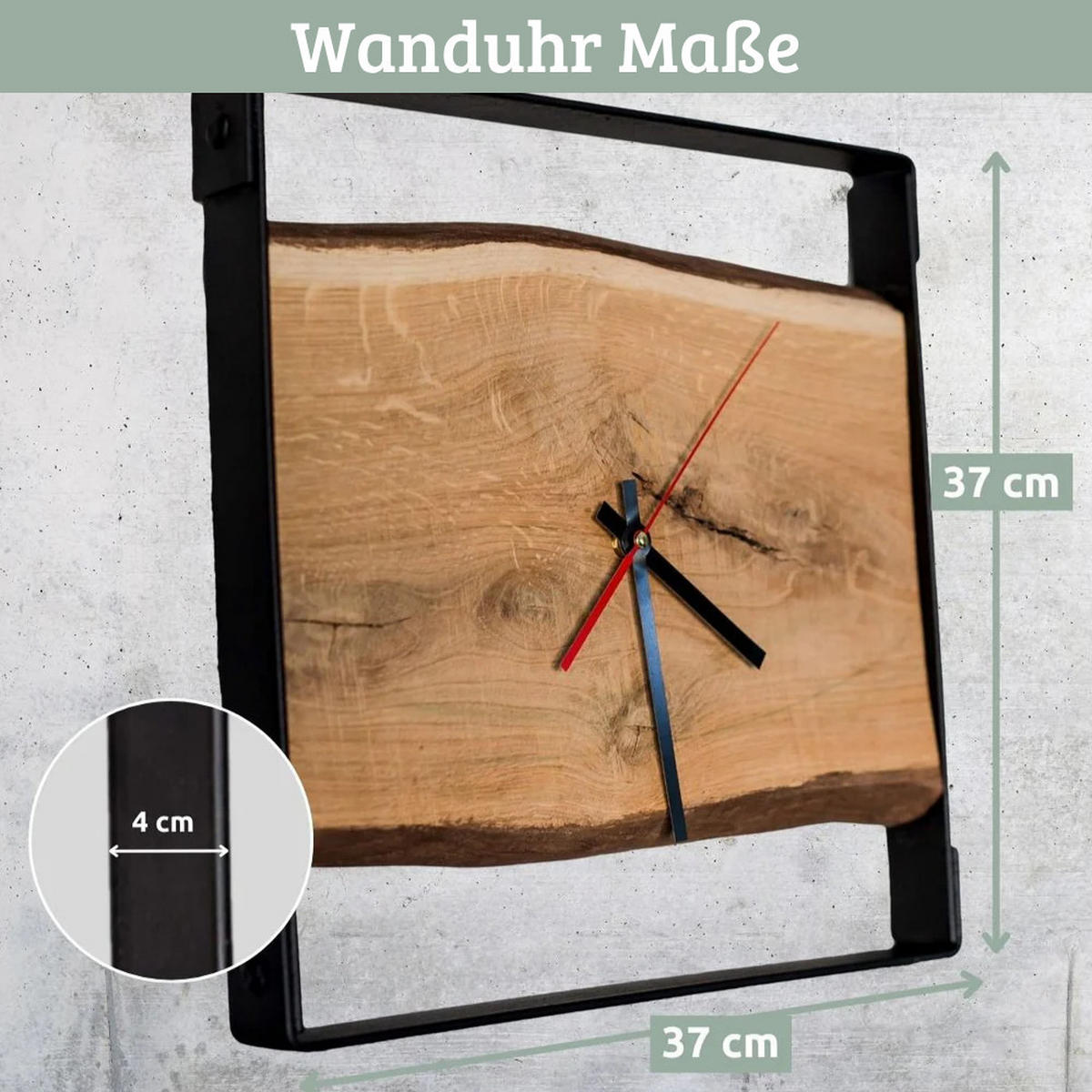 WANDUHR groß Holz EFFO HANDGEFERTIGT 37x37 cm Eiche Geräuschlos mit Nuten - Braun, Holz (37.2/37/4cm) - DELUKE