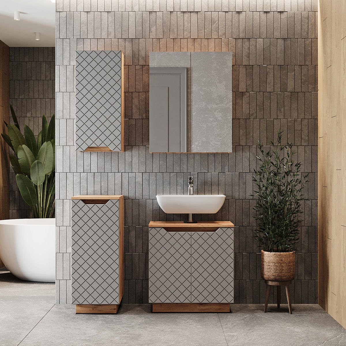 BADMÖBEL-SET Lotta Eiche/Grau mit Kachelstruktur 4 Teile - Grau, Holzwerkstoff (59.8/62.1/32cm) - Vicco