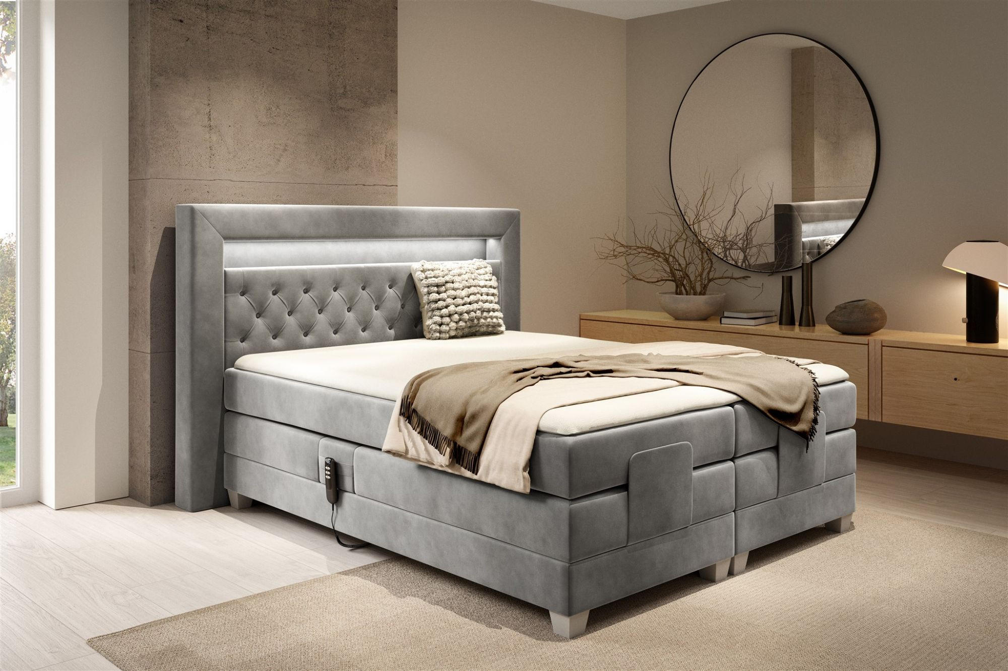 BOXSPRINGBETT Bett Elektrisch Armando - Grau, Holzwerkstoff/Textil (120/200cm) - Fun Möbel
