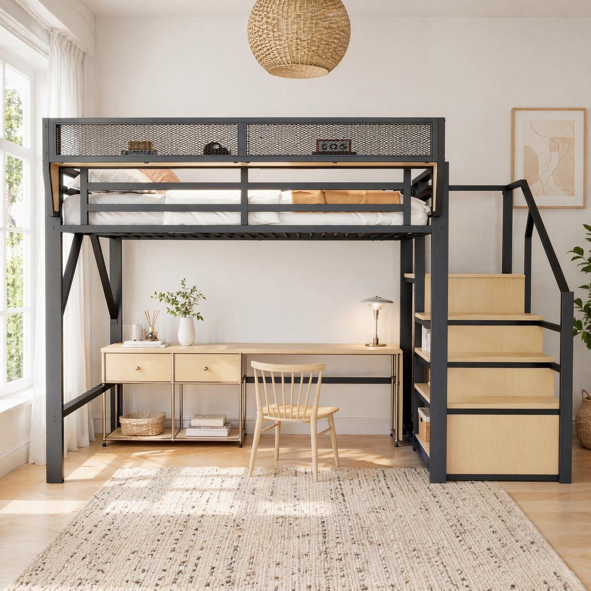 HOCHBETT 140/200 mit Sicherheitsleiter und flexiblem Stauregal in Schwarz - Schwarz, Holz/Metall (140/200cm) - EVRYAE