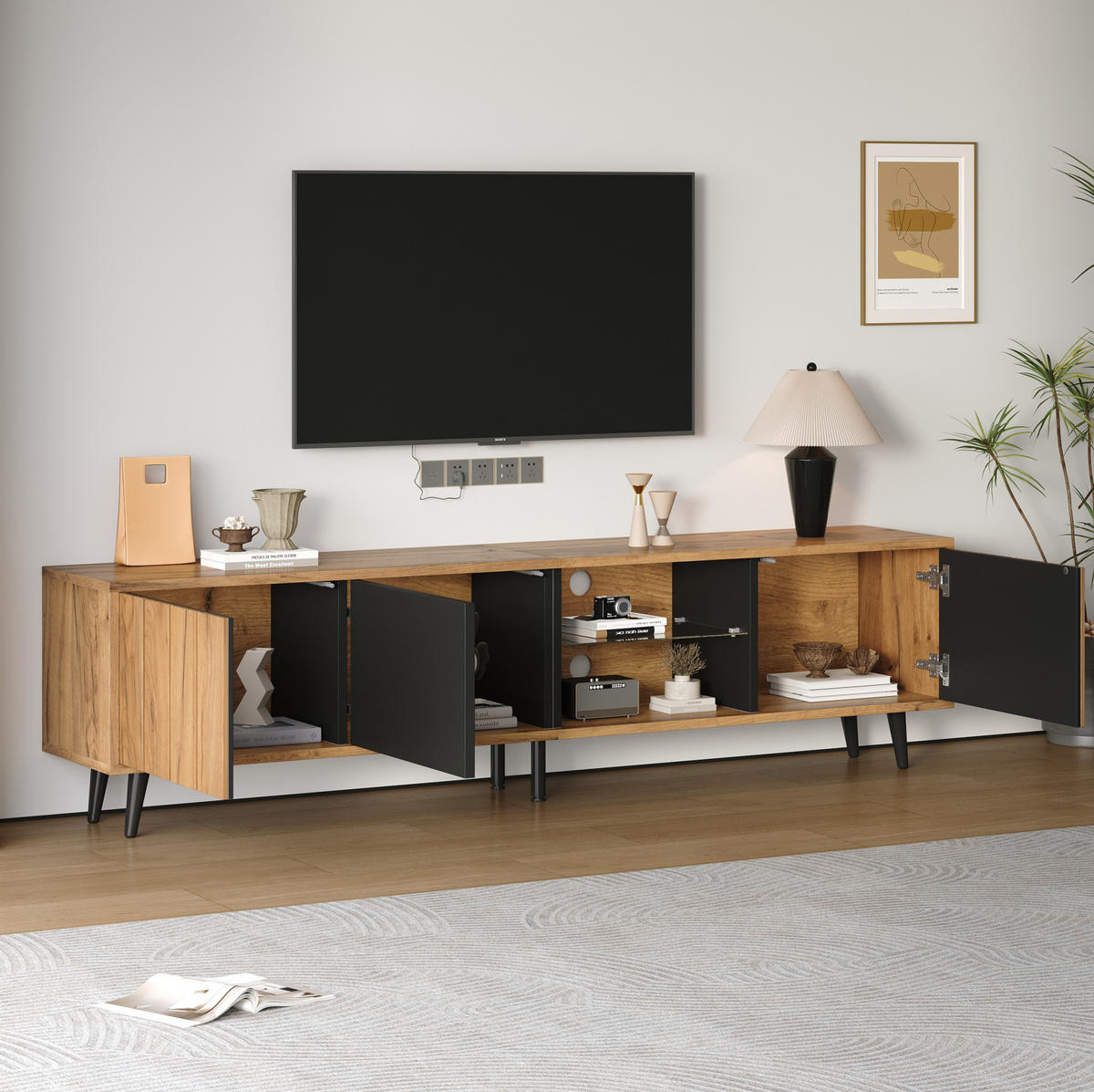 TV-LOWBOARD mit 3 Türen 175 x 31,5 x 45 cm Holzoptik Schwarz - Braun, Holzwerkstoff (31.5/45/175cm) - Beauniv
