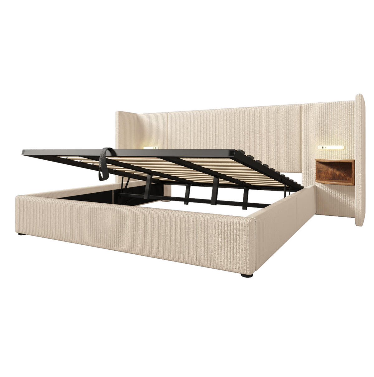 ČALÚNENÁ posteľ 180/200 cm s nočným panelom, LED čítacou lampou a USB/Type-C nabíjaním, úložný priestor, Beige-Weiß - béžová, textil (180/200cm) - Redom
