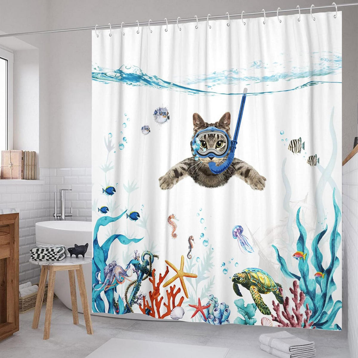 DUSCHVORHANG Blau 180 x 200 cm Katze nautisch Seestern Schildkröte wasserdicht Badezimmer - Weiß, Textil (1/1cm) - MCBOSON