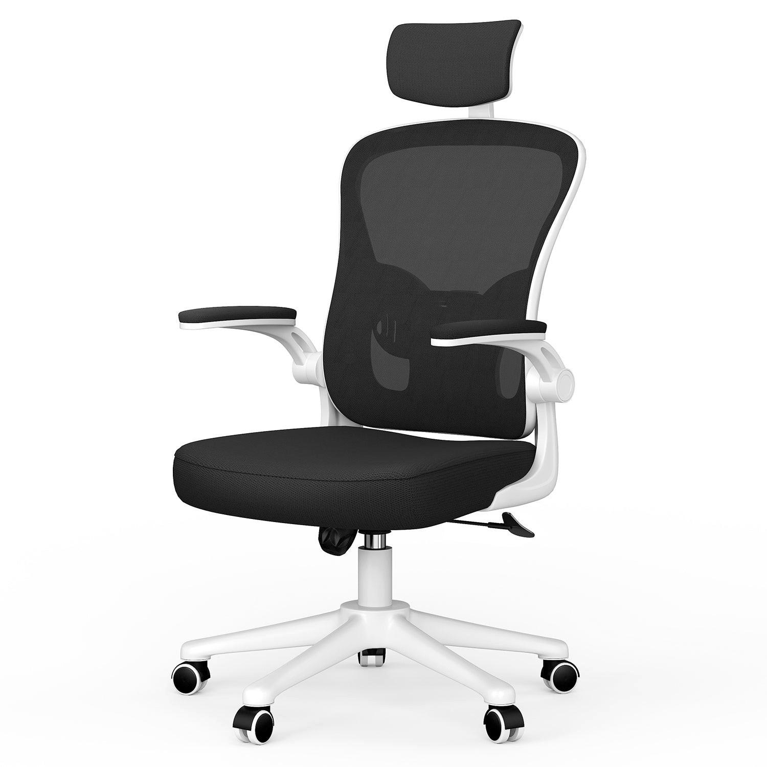 BÜROSTUHL ergonomisch, höhenverstellbar, klappbare Armlehnen, Kopfstütze – Weiß - Weiß, Metall (50.5/134/52cm) - Rattantree