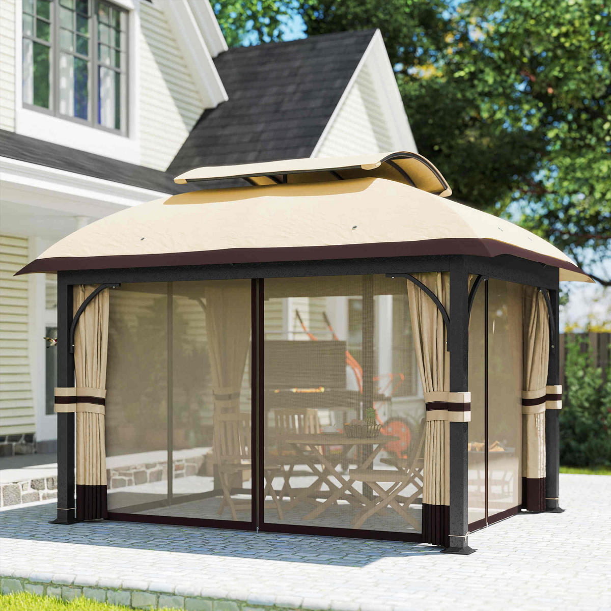 PAVILLON 395/330/294 cm Braun, Beige - Braun, Metall (330/294/395cm) - Outsunny