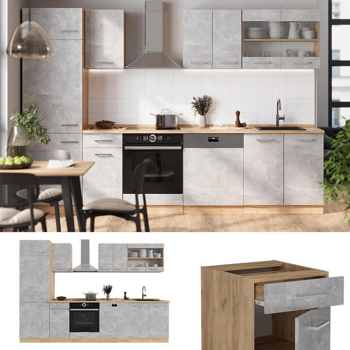 KÜCHENZEILE R-Line Beton/Goldkraft Eiche 300 cm , AP Marmor - Honigeiche/Grau, Holzwerkstoff (300/206.8/60cm) - Vicco