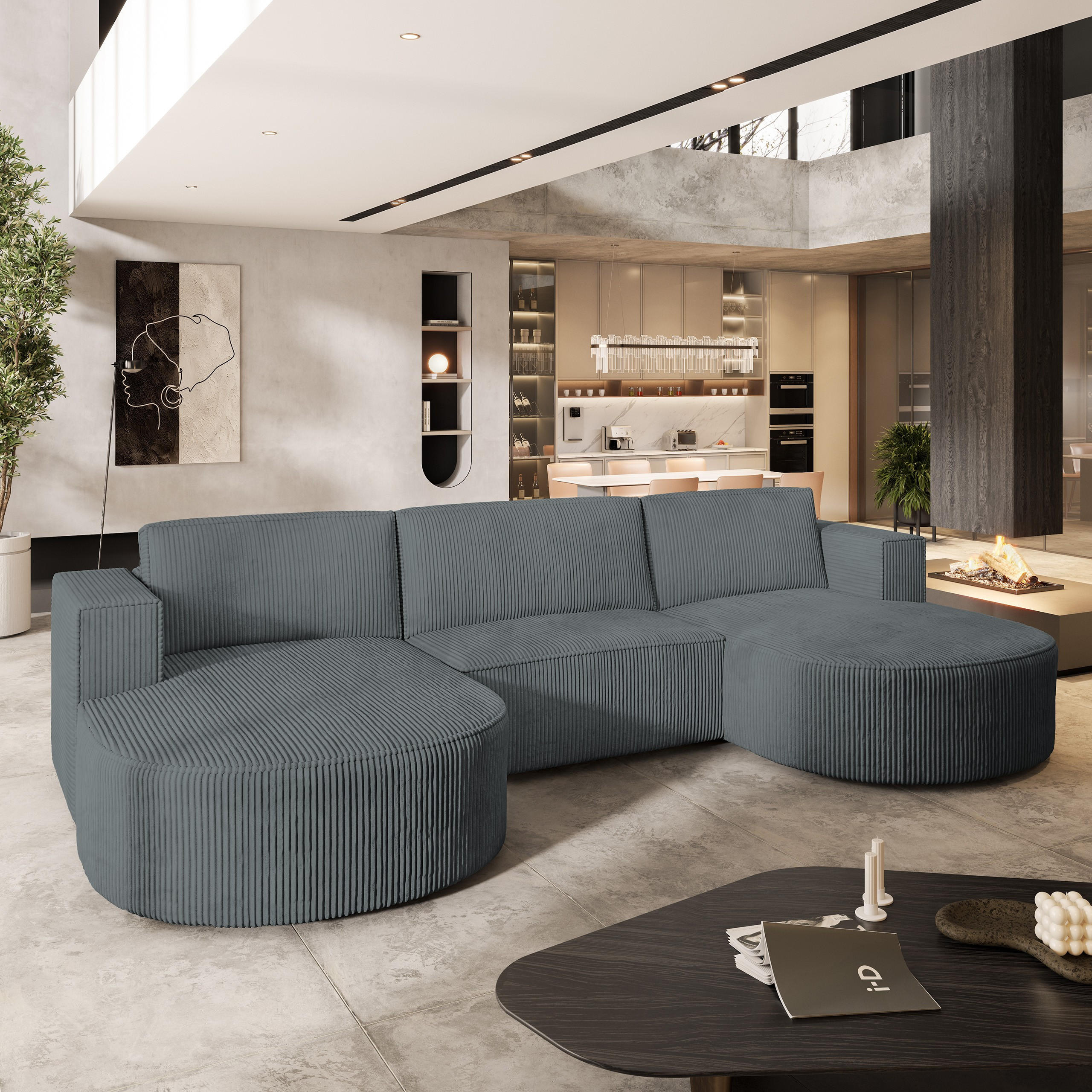 WOHNLANDSCHAFT VEZZO P Grau Kordstoff mit Schlaffunktion - Grau, Holz (347/85/174cm) - MASSENO