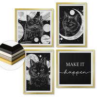 WANDBILDER 4er Set - 50x50 cm & 40x60 cm Goldrahmen - Schwarze Katzen, Mond, Planet - Goldfarben, Kunststoff (50/50cm) - ArtPrintCave