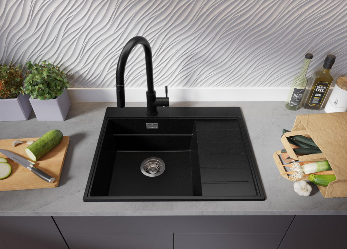 SPÜLBECKEN Sydney, 2-er set Schwarz 62/50 cm 1 Becken + Ablauf-Set + Küchenzubehörset ab 45er Unterschrank - Chromfarben/Beige, Kunststoff (62/20/50cm) - Primagran