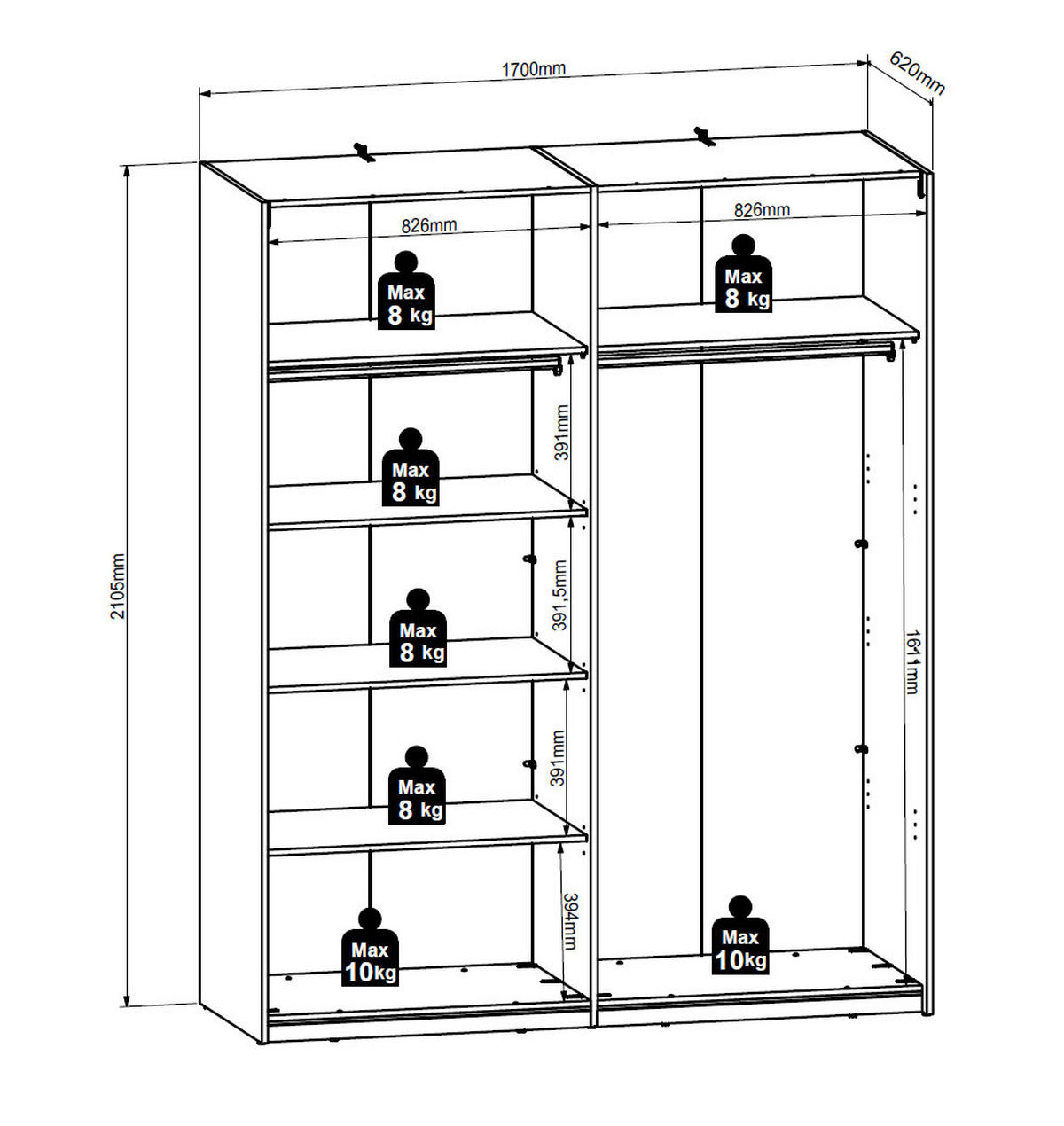 SCHWEBETÜRENSCHRANK Chuck Mauvella Eiche / Kaschmir 170 / 64 / 210cm - Kaschmir/Eichefarben, Holzwerkstoff/Kunststoff (170/210/64cm) - Feldmann-Wohnen