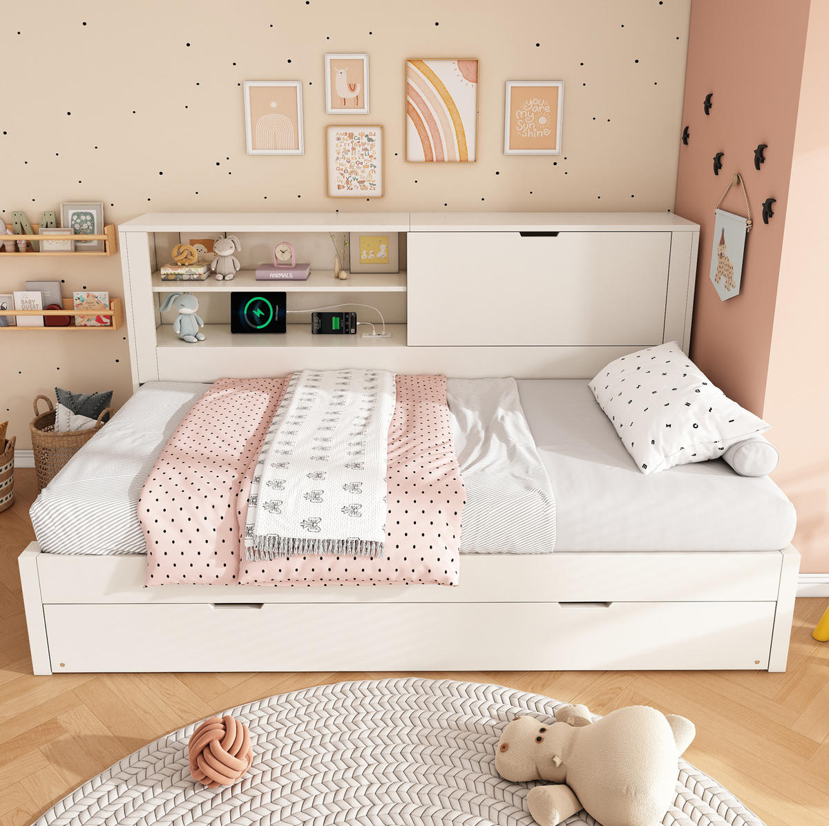 POLSTERBETT 90/190 cm Weiß aus Holz mit Ausziehbett und Stauraum - Weiß, Textil (90/190cm) - OKMYHOME